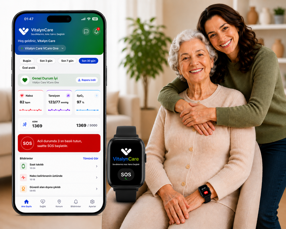 VitalynCare mobil uygulaması, VCare One akıllı sağlık bilekliği ve gülümseyen anne-kız